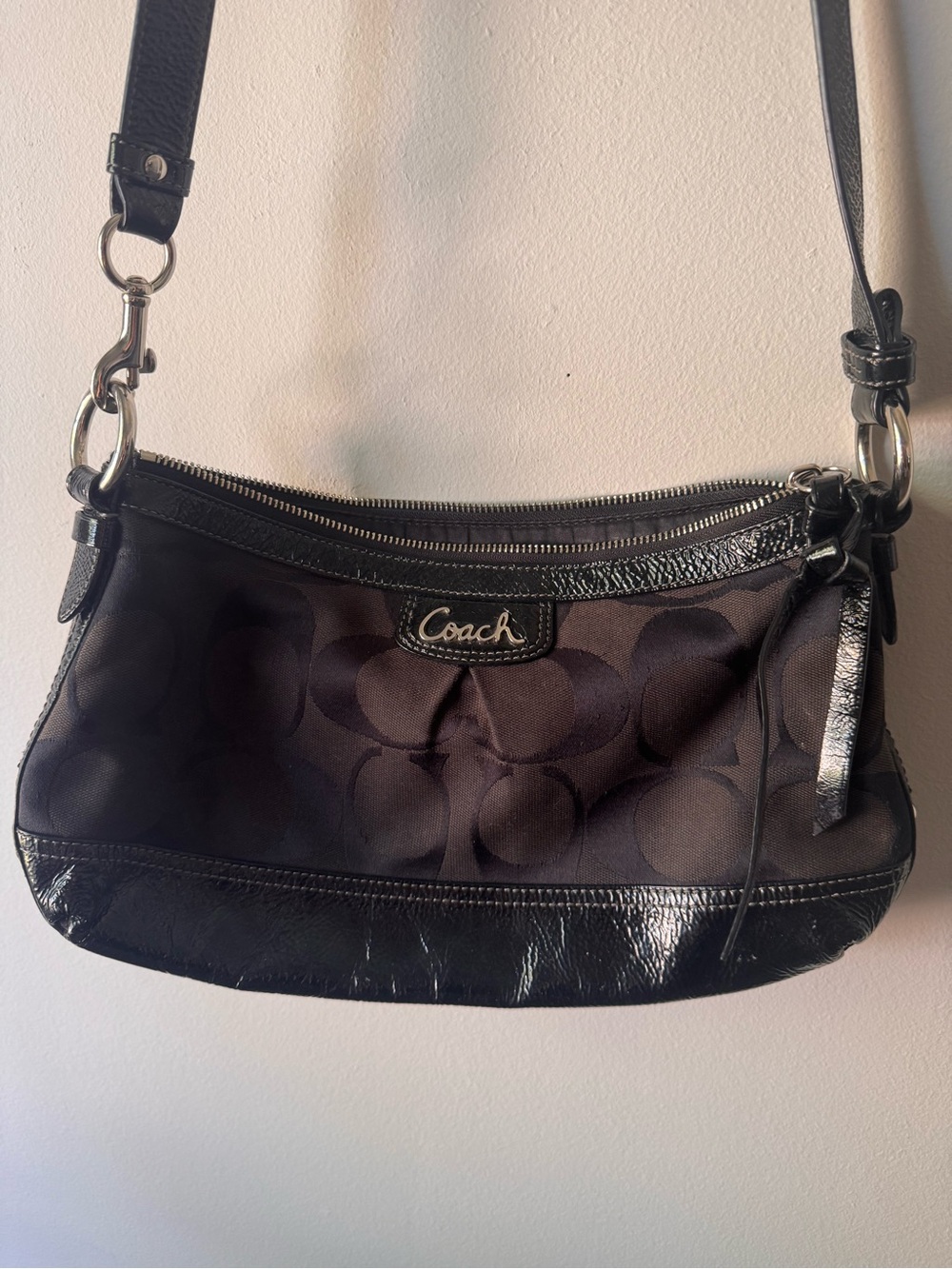 Coach Black Signature Canvas Shoulder Bag with Patent Leather Trim